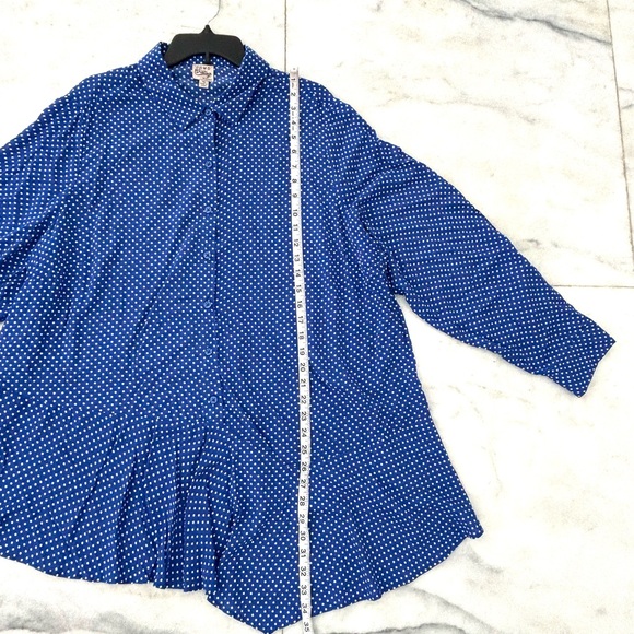 Como Vintage Button Up Top Polka Dot Blue White Asymmetrical Long Sleeve 2X Art - Picture 6 of 11